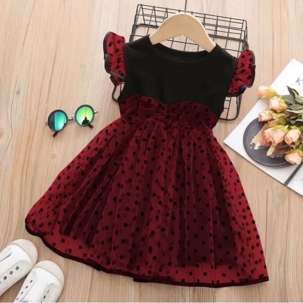 Patpat Polka Dot Mesh Flutter-Sleeve Girl Dress